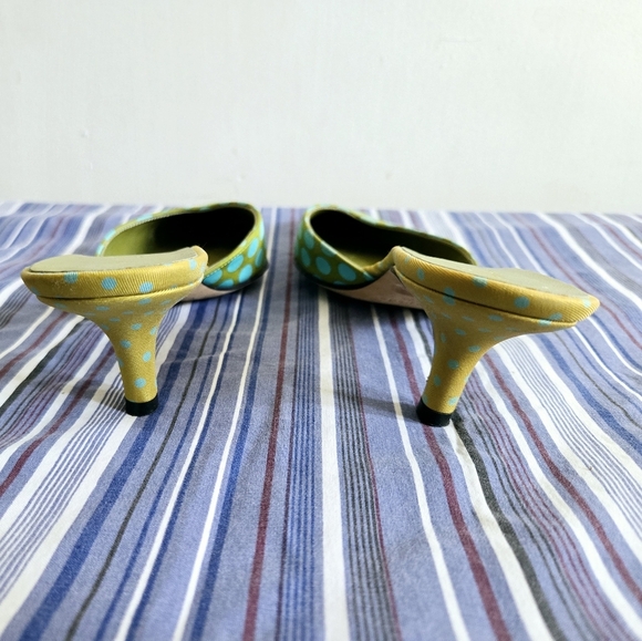 Kate Spade ◇ Green/ Turquoise polka dot kitten heel mules Sz 6 Made Italy - Picture 3 of 10